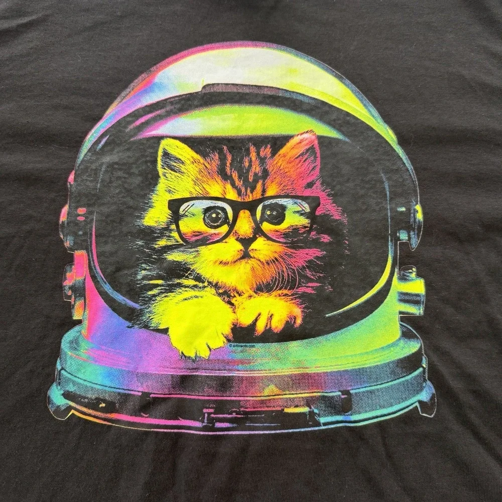 Space Cat T Shirt Tee Adult Medium Neon Astronaut Cat Lady Gift Fun Novelty - Picture 2 of 10